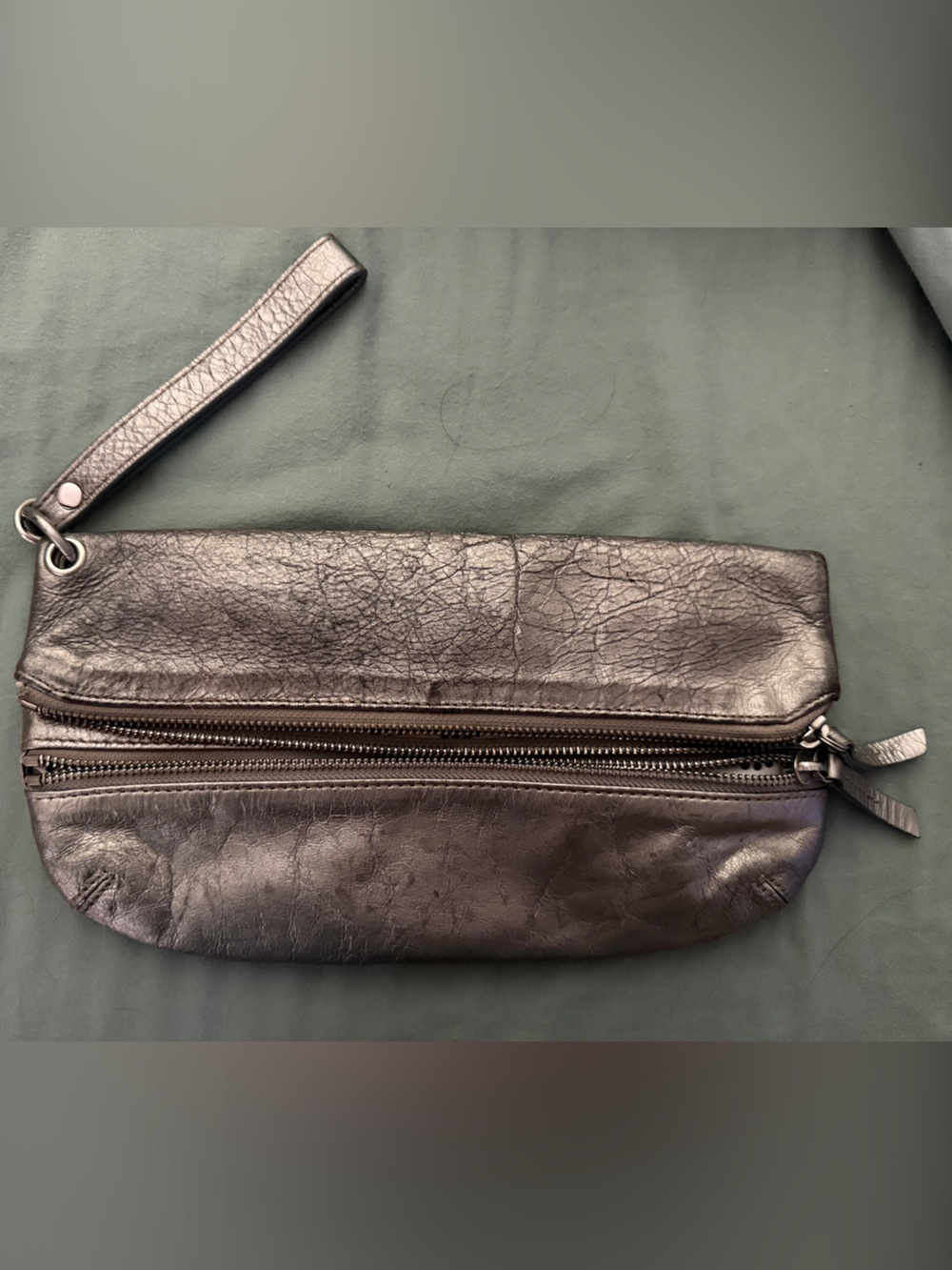 Metallic Silver Leather Clutch Wristlet
